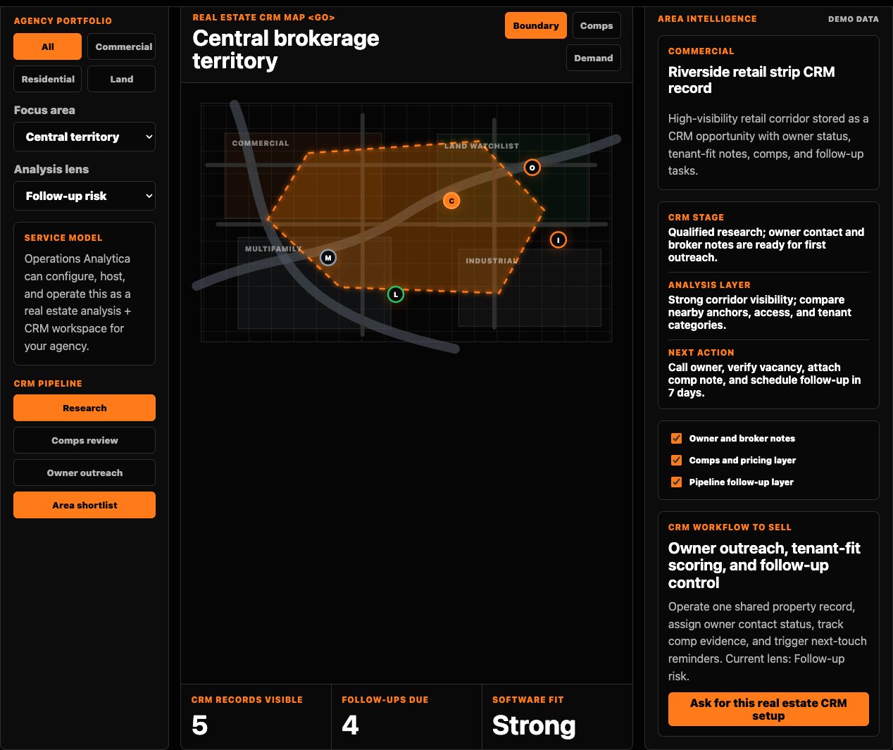 Land Analytica real estate CRM interface screenshot